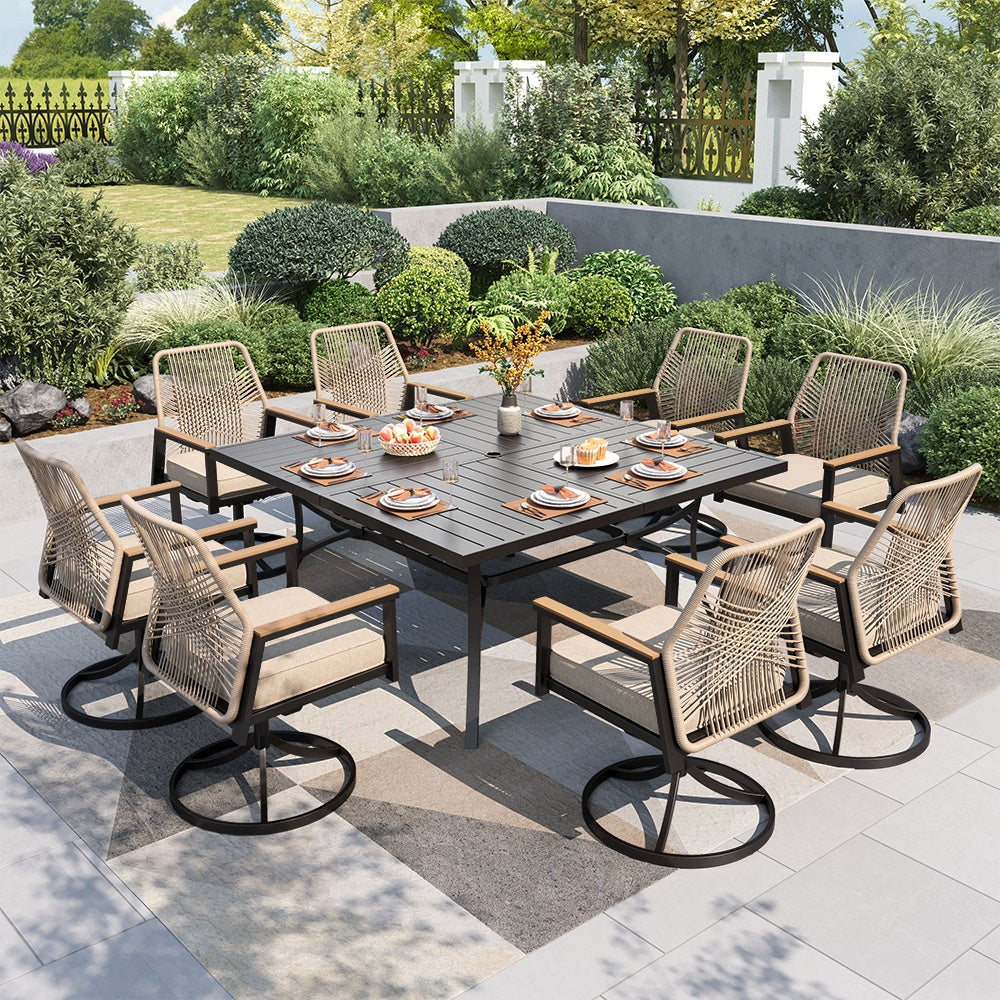 9 piece tdc sling patio set with umbrella 9-Piece Dining Stylish Rope Chairs & Square Table for 8-Phi Villa, Swivel Chair Size:8.5 (26.5) CP Helmets Cuma Visor gender:Mens a scratch
