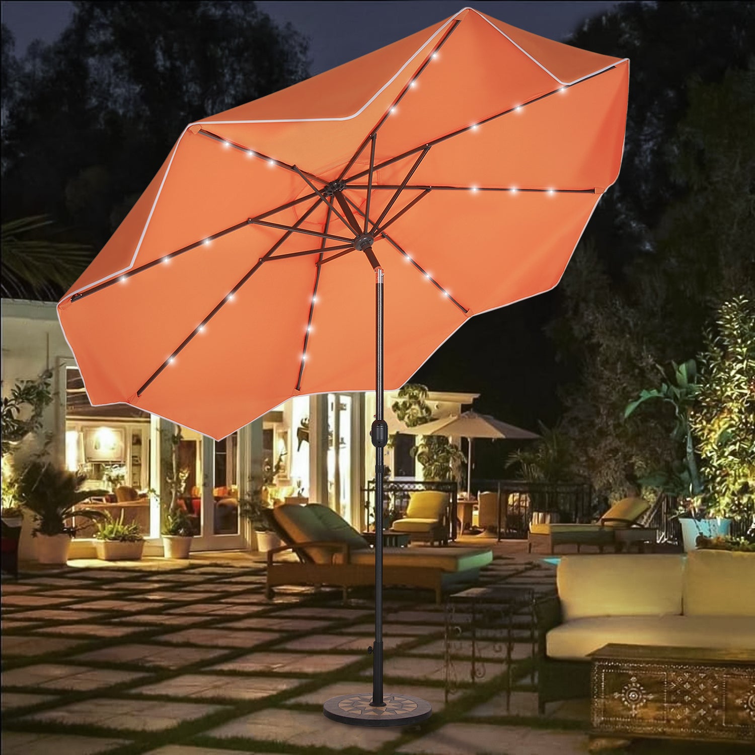 PHI VILLA 9/10ft Crank Open Patio Umbrella With 24 LED Lights u0026 Ruffle