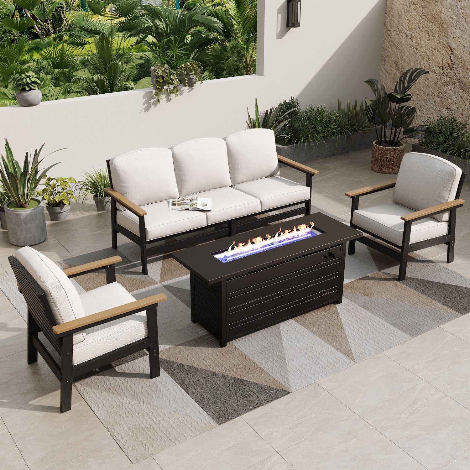 5-Seater HDPE Rattan and Wood-Grain Garden Sofa Set with Fire Pit Tabl