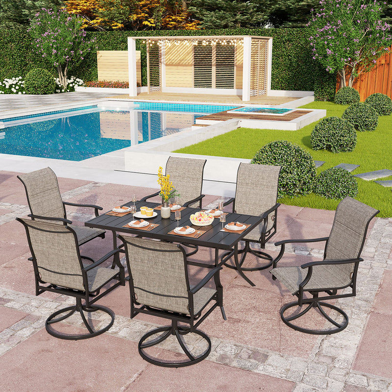 PHI VILLA 7-Piece Patio Dining Set with 6 Padded Texitilene Swivel Chairs & Steel Panel Table