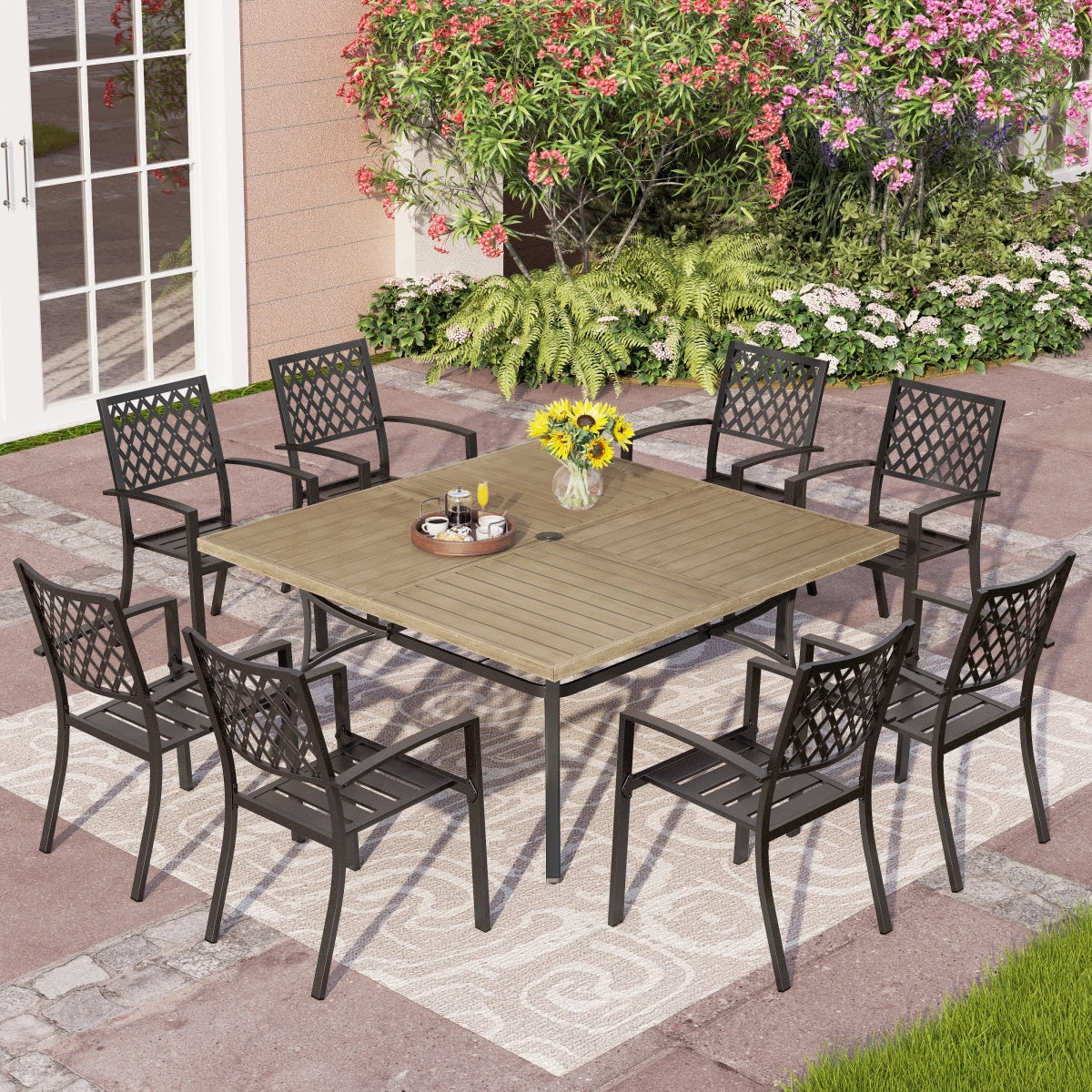 8-Seat Patio Dining Set for Family Reunio with Farmhouse Style Wood-li