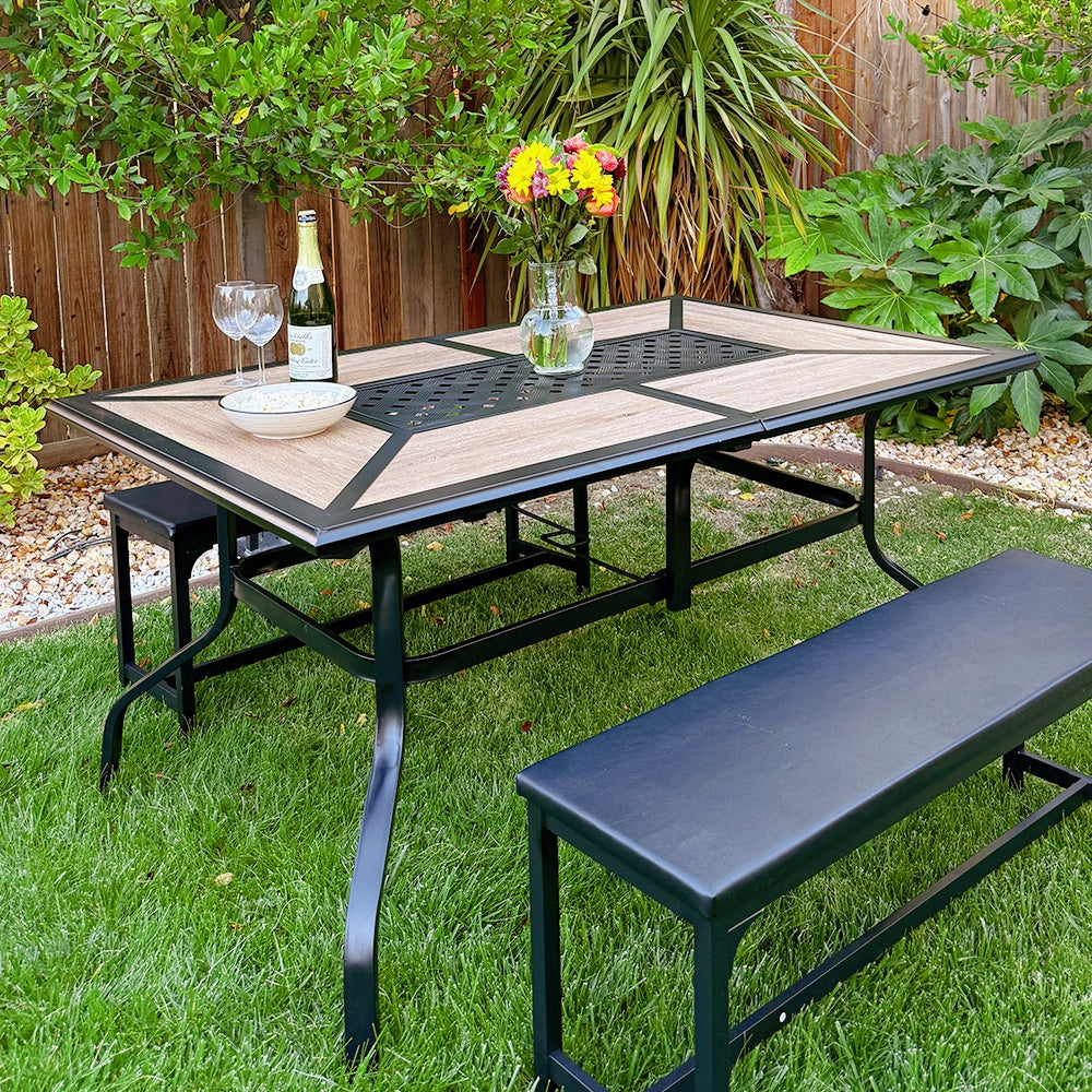 cheap patio table with umbrella hole Phi Villa Wood-Look Patio Dining Table with Umbrella Hole