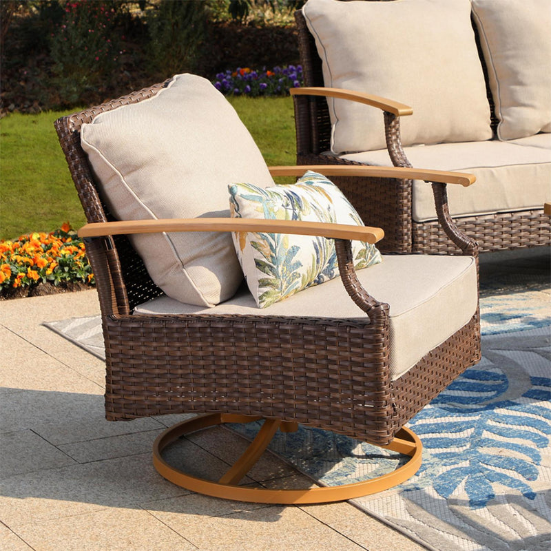 Phi Villa 7-Seater Patio Rattan Conversation Sofa Set With Slatted Coffee Table
