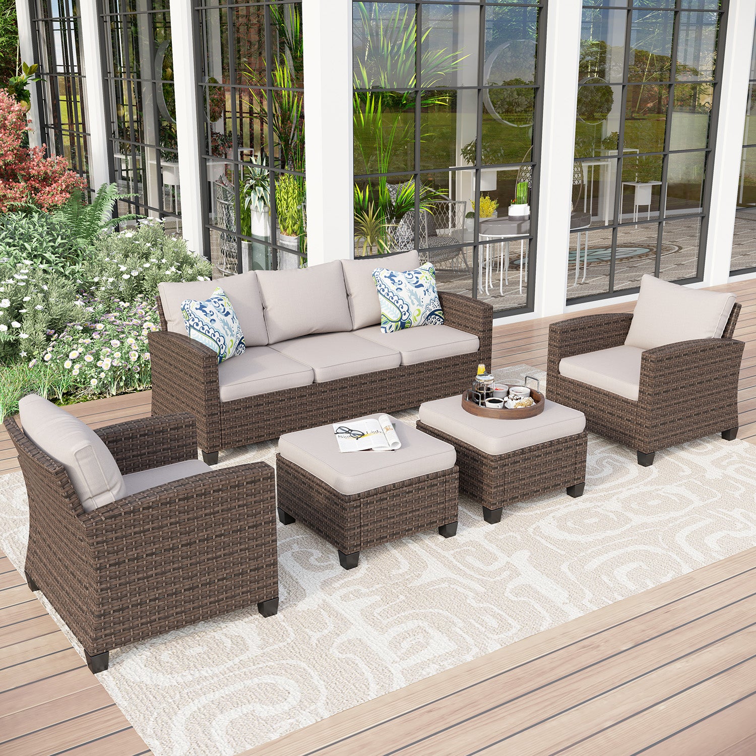 Phi Villa 7-Seater Outdoor Rattan Conversation Sofa Set With Ottomans