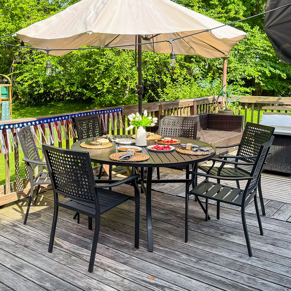 hampton bay round mesh patio umbrella two tone 7-Pcs Patio Dining Set with Bullseye Pattern Chairs and Round Table-Phi Villa