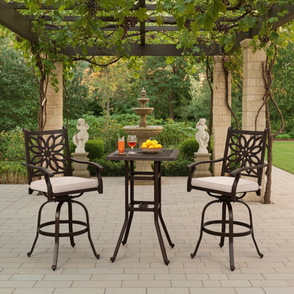 3-Piece Cast Aluminum Square Table & 2 Patio High Swivel Bar Stools Chairs Set
