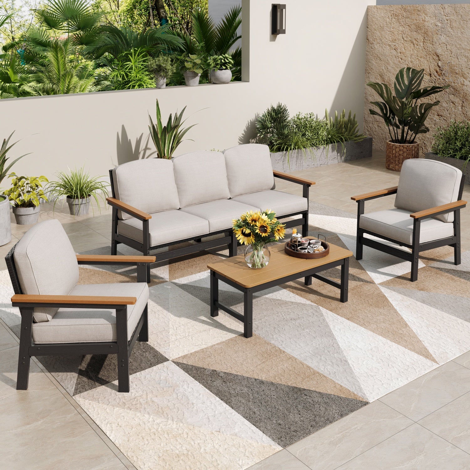 5-Seater Eco-Friendly HDPE Rattan and Wood-Grain Tranquil Garden Sofa