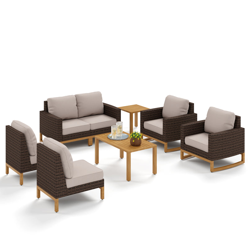 Phi Villa 7-Seater Patio Rattan Conversation Sofa Set With Slatted Coffee Table