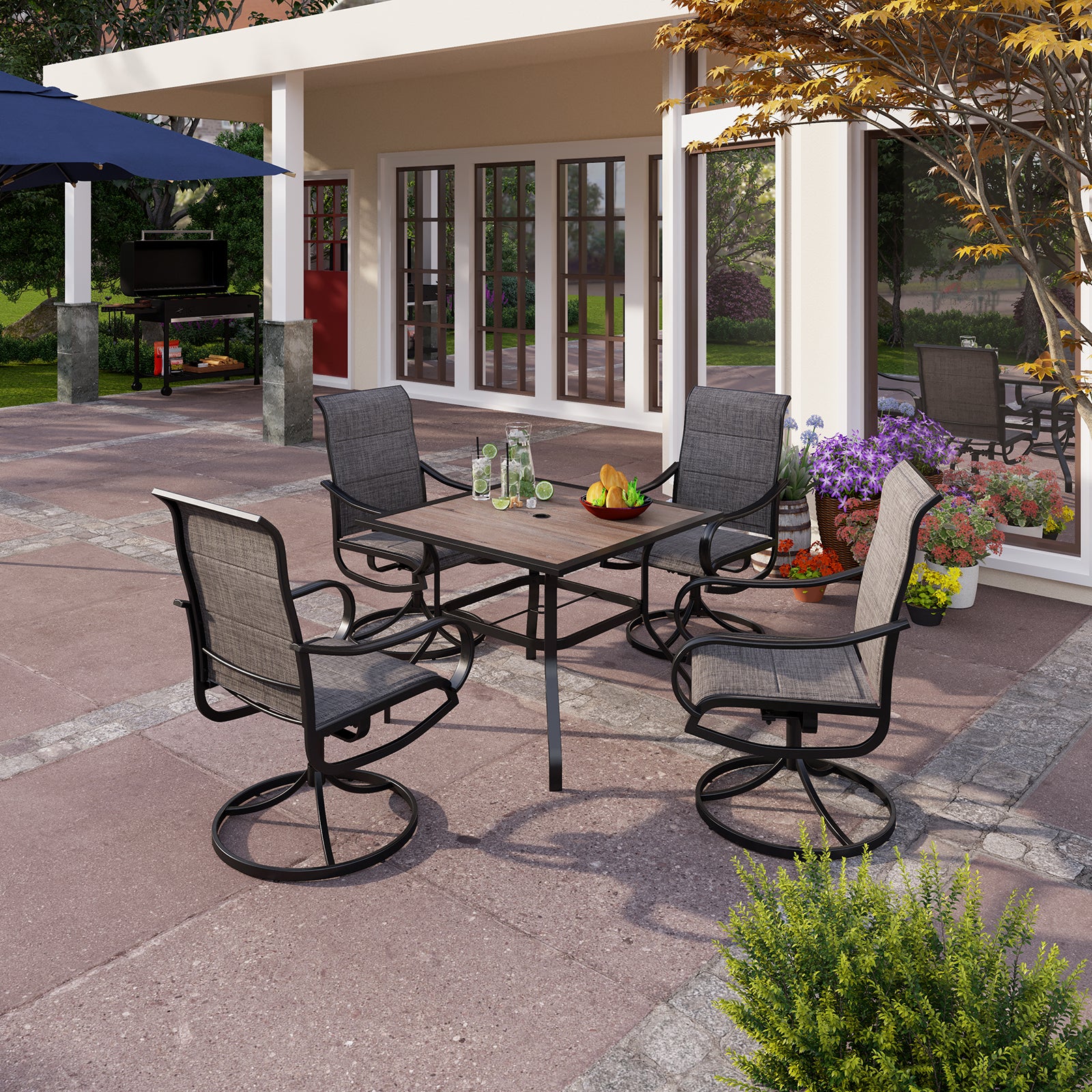 hampton bay statesville patio umbrella PHI VILLA Wood-look Table & 4 Textilene Swivel Chairs 5-Piece Outdoor Dining Set Padded Chairs with Curve Arms