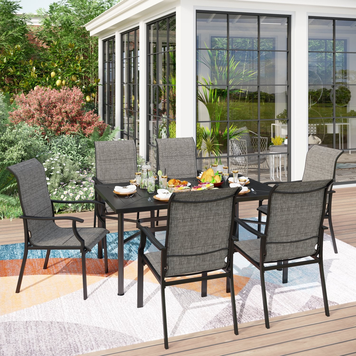 PHI VILLA 7-Piece Outdoor Dining Set with Rectangle Steel Table & 6 Te