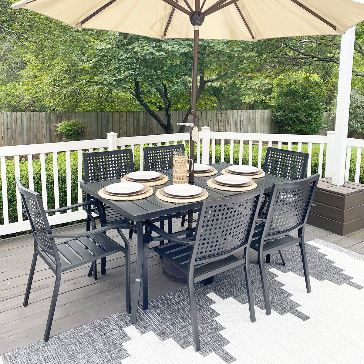 6 piece patio dining set with umbrella Phi Villa 7-Piece Patio Dining Set 6 Fixed Stackable Chairs & Steel Rectangle Table, Type A