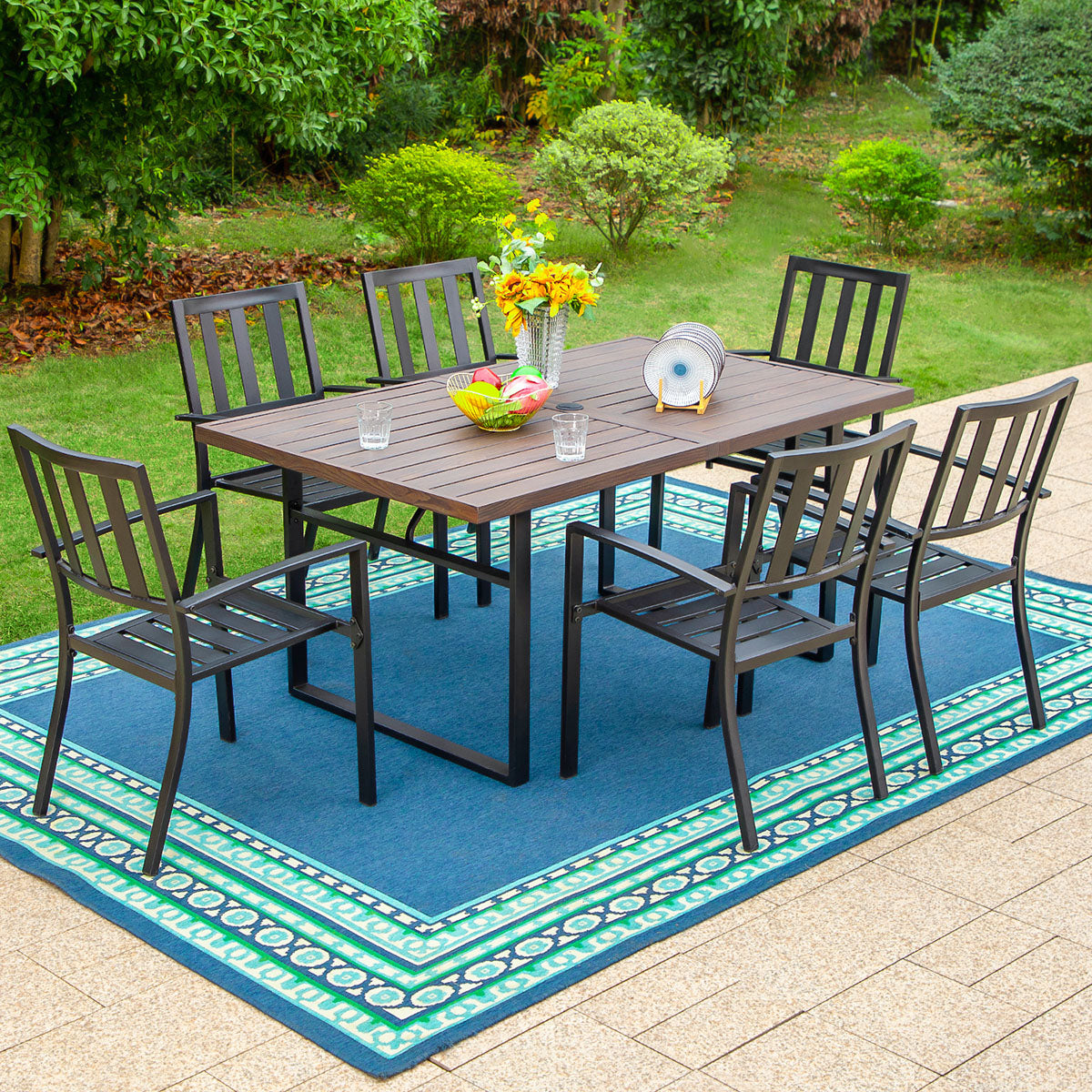 PHI VILLA 7-Piece Patio Dining Set Stackable Chairs and Rectangle Ta