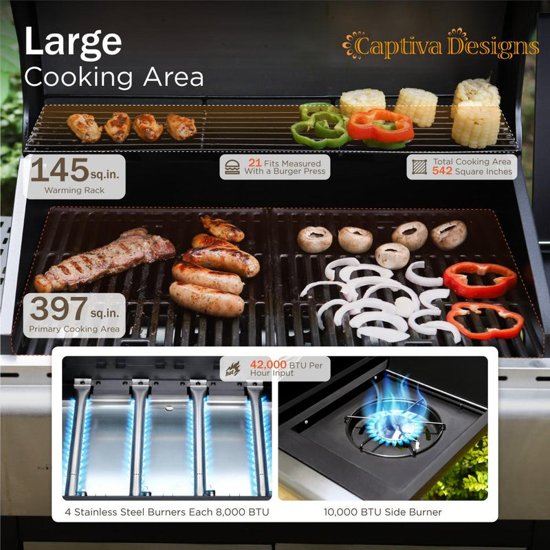 Patio Outdoor Propane Gas Grill BBQ with 4 x 8000 BTU Grilling Burners and 10,000 Side Burner-Captiva Designs