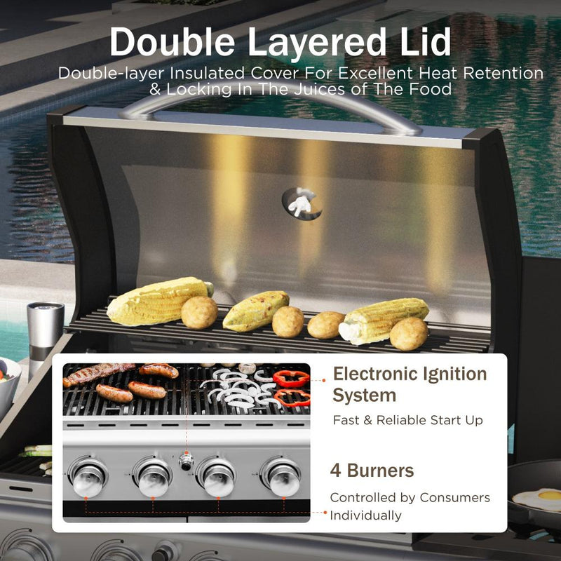 Patio Outdoor Propane Gas Grill BBQ with 4 x 8000 BTU Grilling Burners and 10,000 Side Burner-Captiva Designs