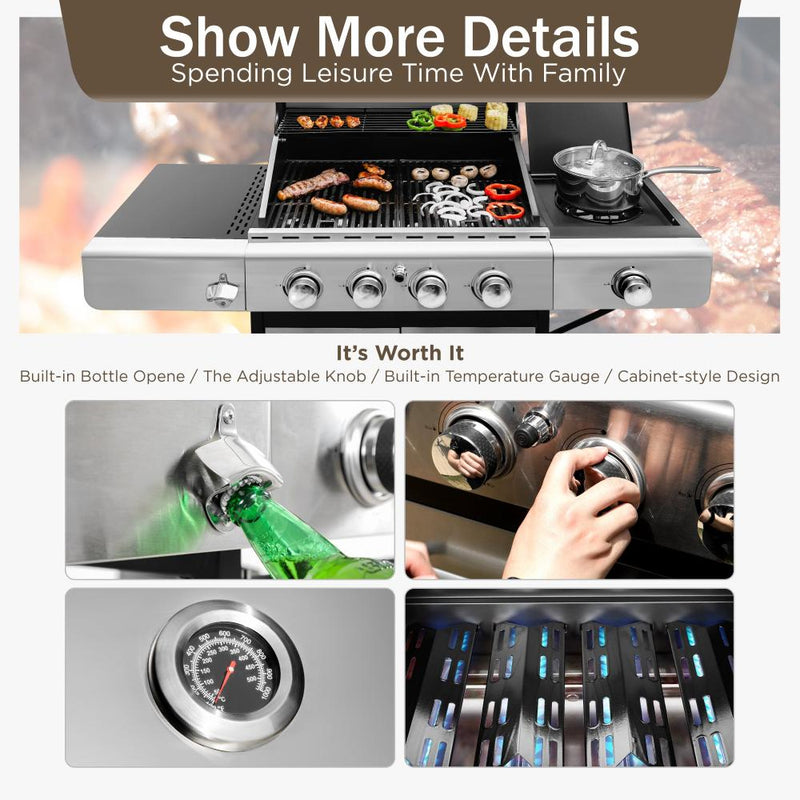 Patio Outdoor Propane Gas Grill BBQ with 4 x 8000 BTU Grilling Burners and 10,000 Side Burner-Captiva Designs