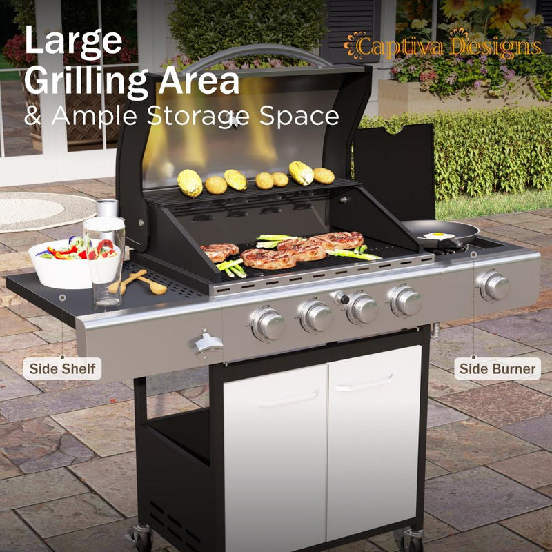 Patio Outdoor Propane Gas Grill BBQ with 4 x 8000 BTU Grilling Burners and 10,000 Side Burner-Captiva Designs