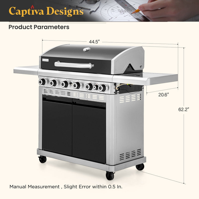 6-Burner Gas BBQ Patio Grill with Grddle and Side Burner 65,800 BTU-Captiva Designs