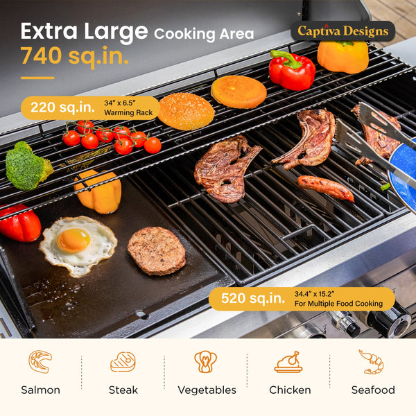 6-Burner Gas BBQ Patio Grill with Griddle and Side Burner 42,000 BTU-Captiva Designs