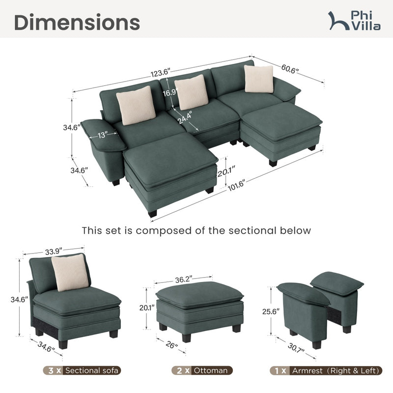 Phi Villa Large Living Room Modular Sectional Couch Chenille with Ottoman