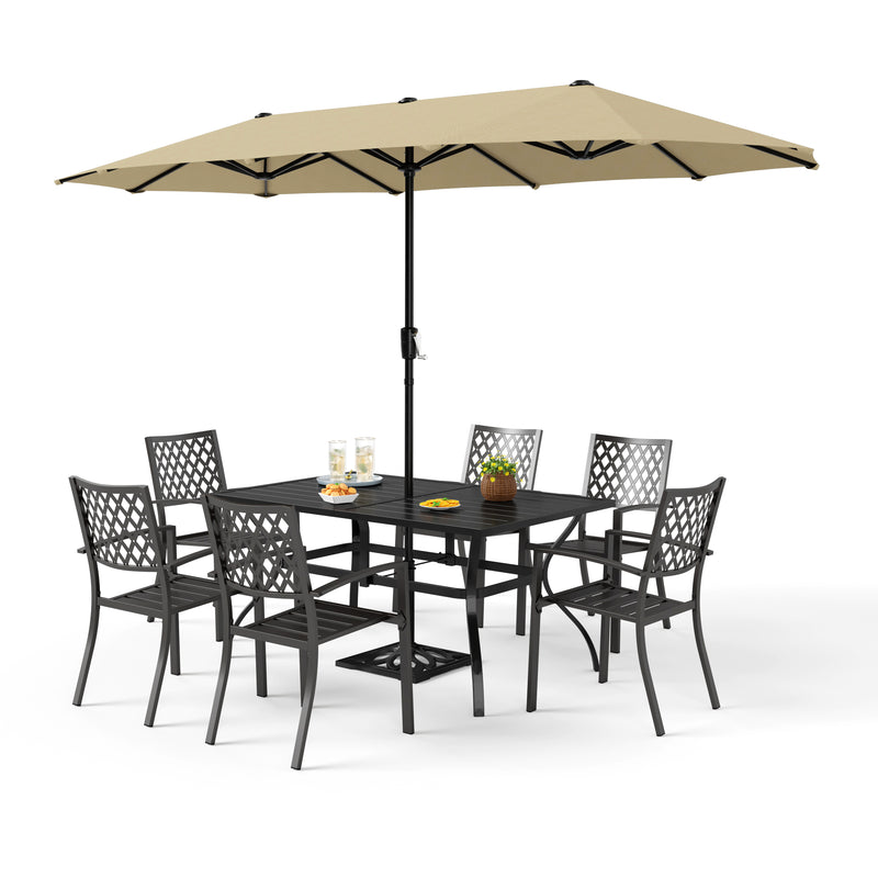 PHI VILLA 8-Piece Patio Dining Set with 13ft Umbrella & Metal Steel Table & Fixed Steckable Chairs