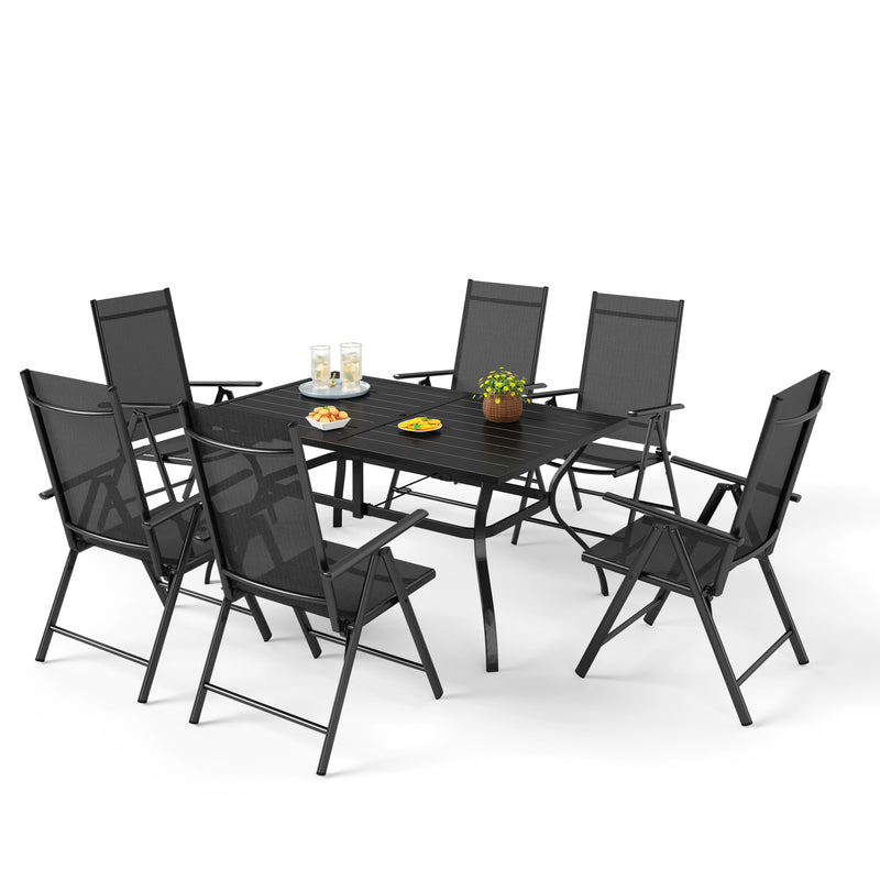 Phi Villa Patio 7/9 Piece Dining Set with Black Folding Sling Chairs & Steel Table