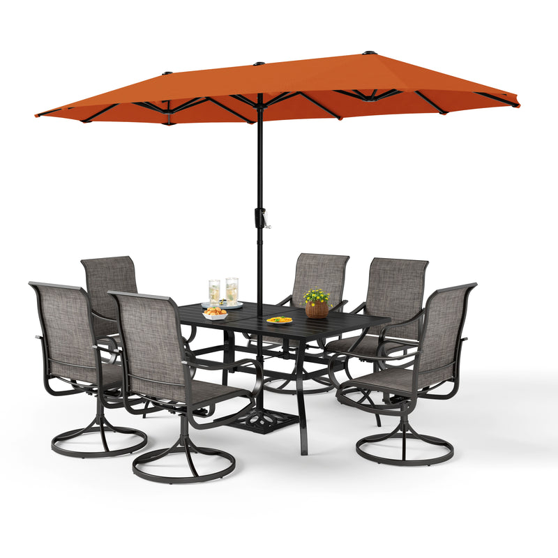 PHI VILLA 8-Piece Patio Dining Set with 13ft Umbrella & Steel Rectangle Table & Textilene Swivel Chairs