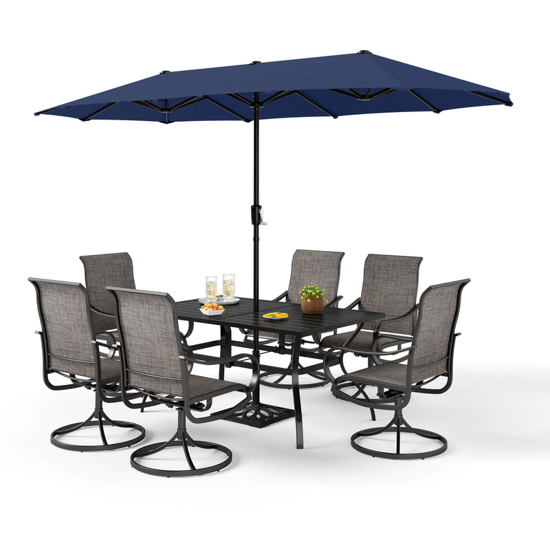 PHI VILLA 8-Piece Patio Dining Set with 13ft Umbrella & Steel Rectangle Table & Textilene Swivel Chairs