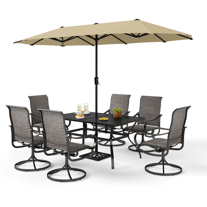 PHI VILLA 8-Piece Patio Dining Set with 13ft Umbrella & Rectangle Table & Padded Swivel Textilene Chairs