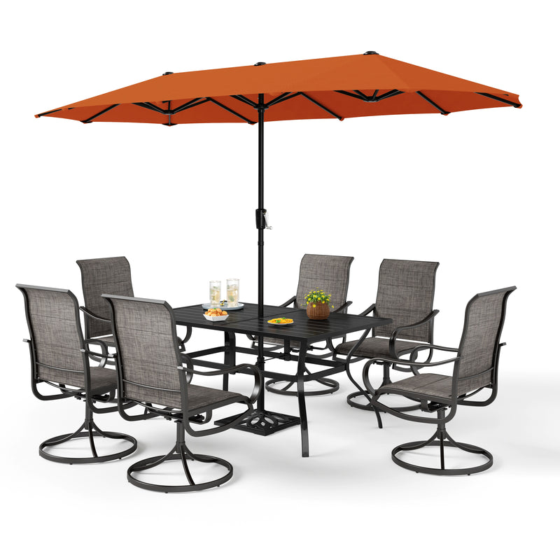 PHI VILLA 8-Piece Patio Dining Set with 13ft Umbrella & Rectangle Table & Padded Swivel Textilene Chairs