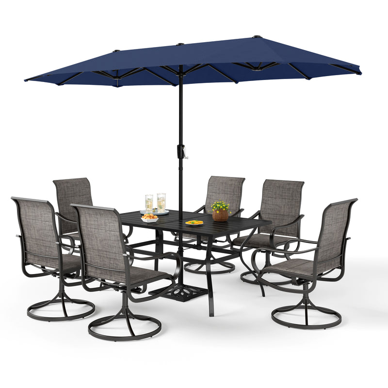 PHI VILLA 8-Piece Patio Dining Set with 13ft Umbrella & Rectangle Table & Padded Swivel Textilene Chairs
