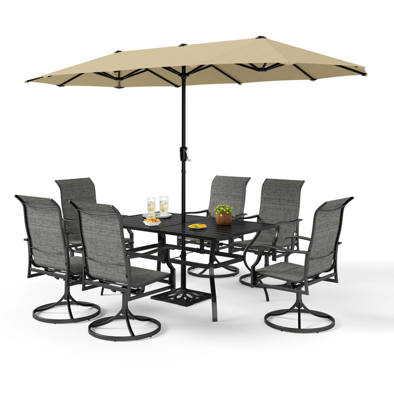 PHI VILLA 8-Piece Outdoor Dining Set with 13ft Umbrella & Rectangle Steel Table & Swivel Textilene Wave Arm Chairs