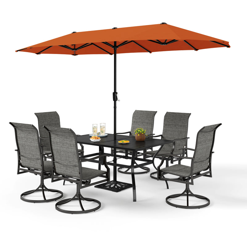 PHI VILLA 8-Piece Outdoor Dining Set with 13ft Umbrella & Rectangle Steel Table & Swivel Textilene Wave Arm Chairs