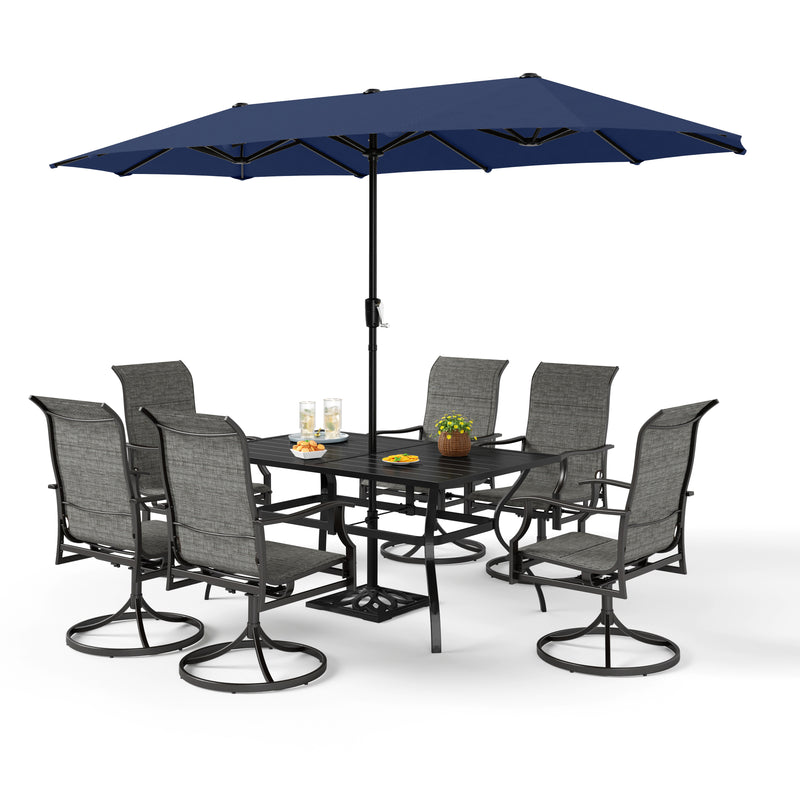 PHI VILLA 8-Piece Outdoor Dining Set with 13ft Umbrella & Rectangle Steel Table & Swivel Textilene Wave Arm Chairs