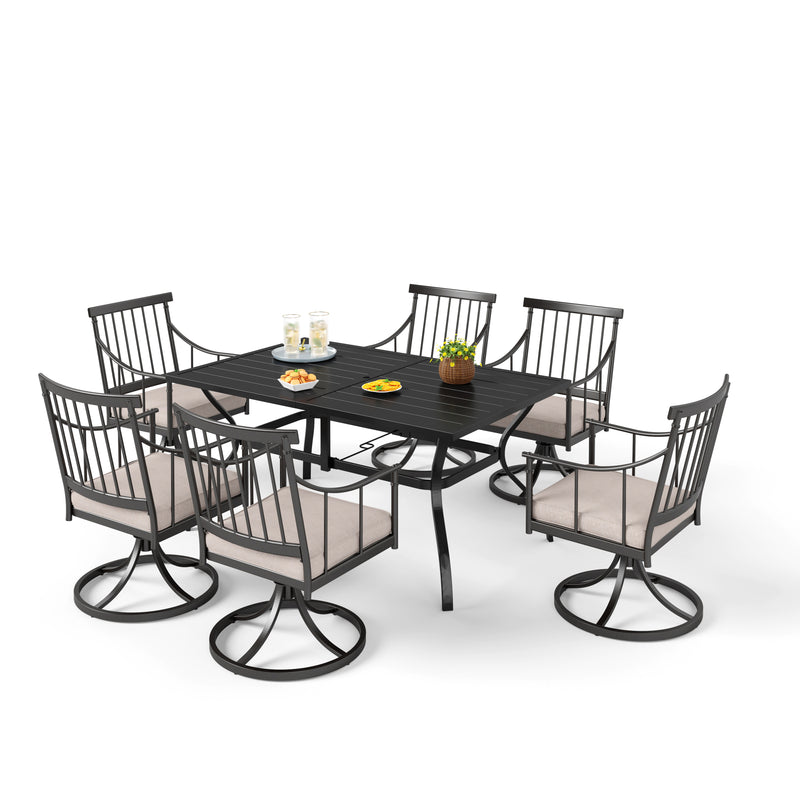 PHI VILLA 7-Piece Outdoor Dining Set with Rattan Dining Chairs & Rectangle Steel Table