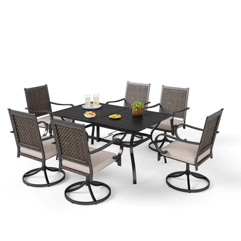 PHI VILLA 7-piece Patio Dining Set with Steel Rectangle Table & 6 Rattan Swivel Chairs