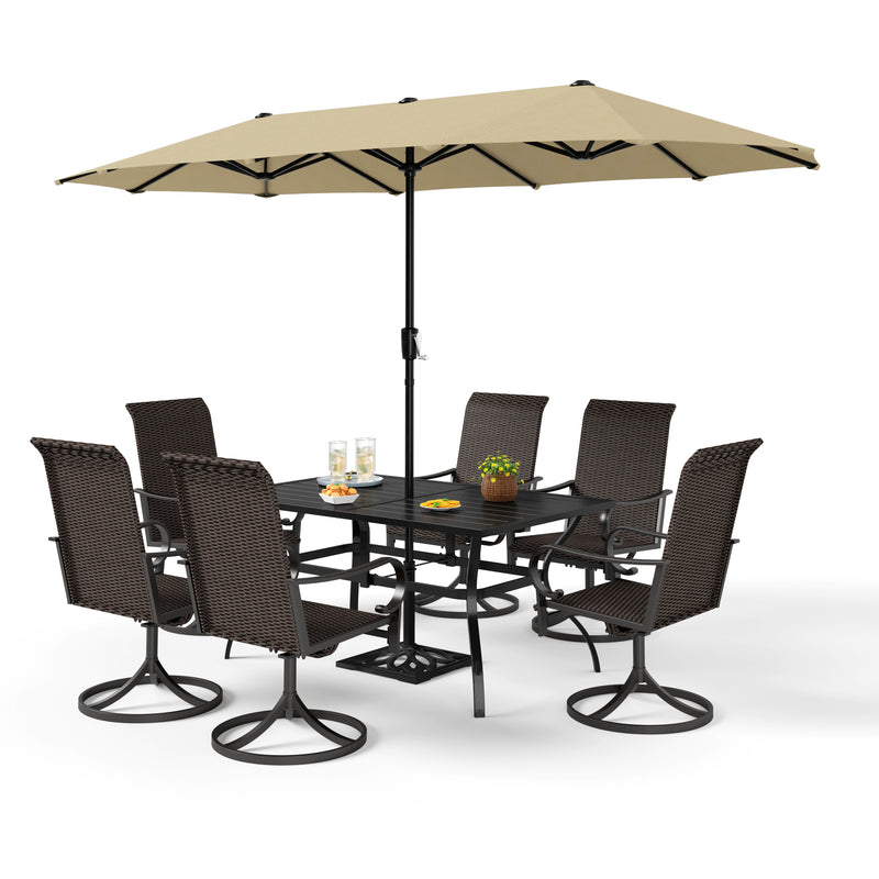 PHI VILLA 8-Piece Patio Dining Set with 13ft Umbrella & Steel Rectangle Table & Rattan Swivel Curved Arm Chairs