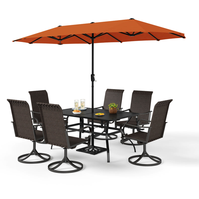 PHI VILLA 8-Piece Patio Dining Set with 13ft Umbrella & Steel Rectangle Table & Rattan Swivel Curved Arm Chairs