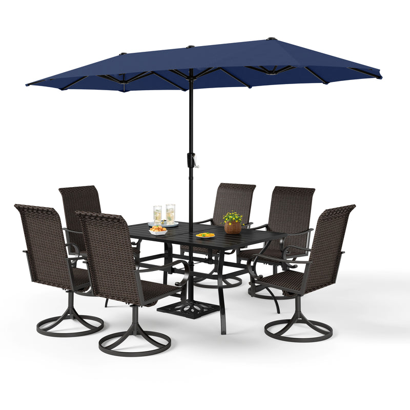 PHI VILLA 8-Piece Patio Dining Set with 13ft Umbrella & Steel Rectangle Table & Rattan Swivel Curved Arm Chairs