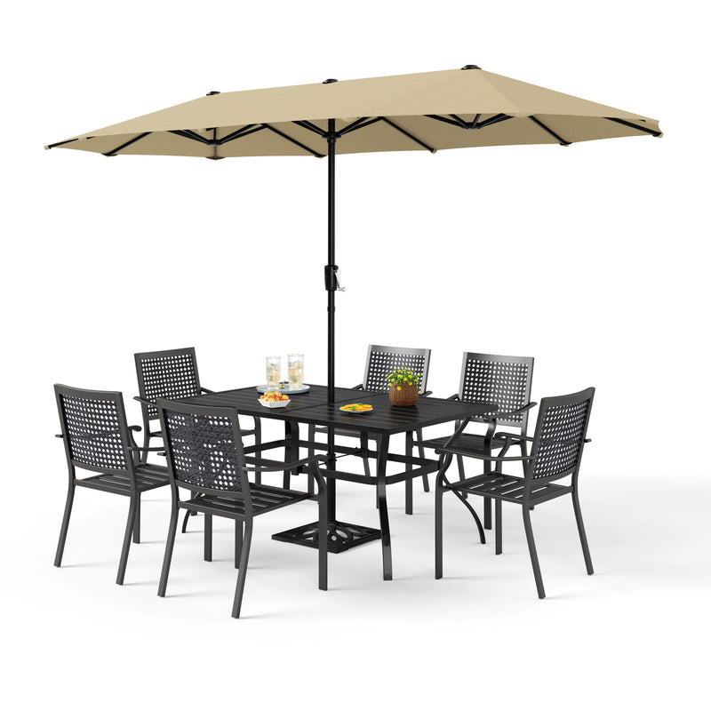 PHI VILLA 8-Piece Outdoor Dining Set with 13ft Umbrella & Steel Rectangle Table & Bullseye Pattern Fixed Steel Chairs