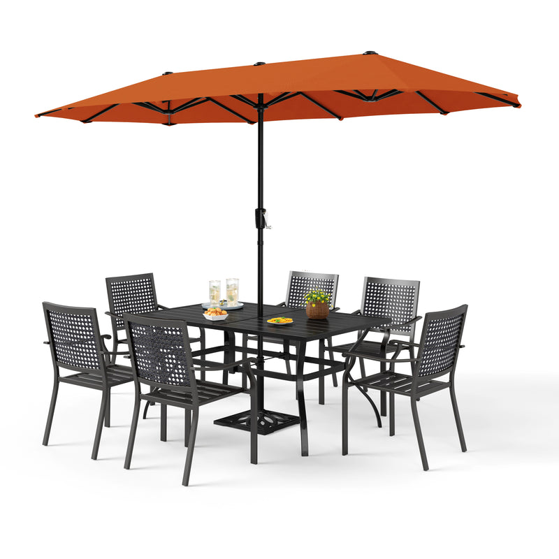 PHI VILLA 8-Piece Outdoor Dining Set with 13ft Umbrella & Steel Rectangle Table & Bullseye Pattern Fixed Steel Chairs