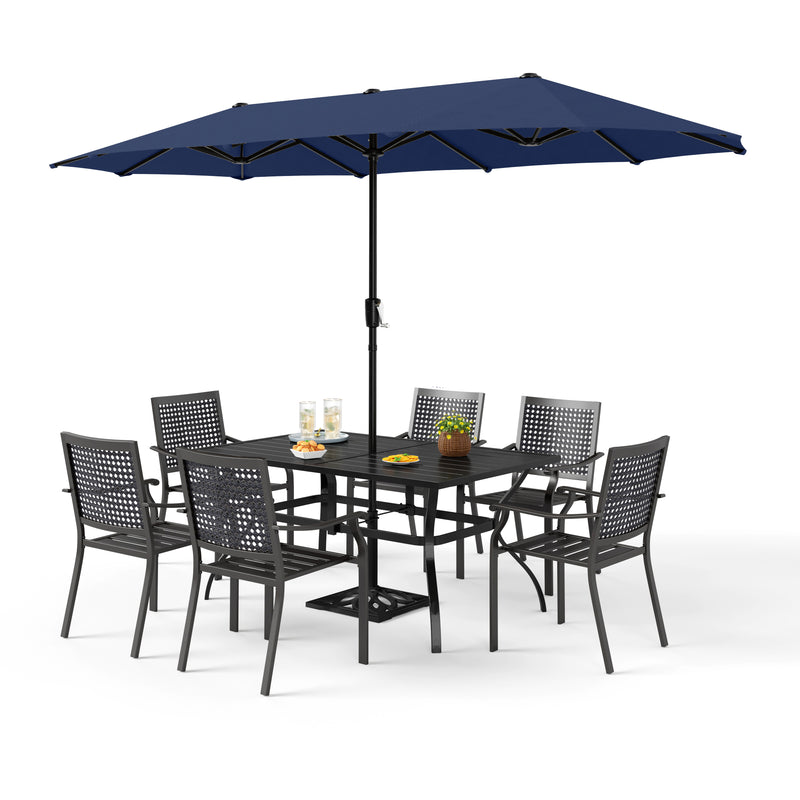 PHI VILLA 8-Piece Outdoor Dining Set with 13ft Umbrella & Steel Rectangle Table & Bullseye Pattern Fixed Steel Chairs