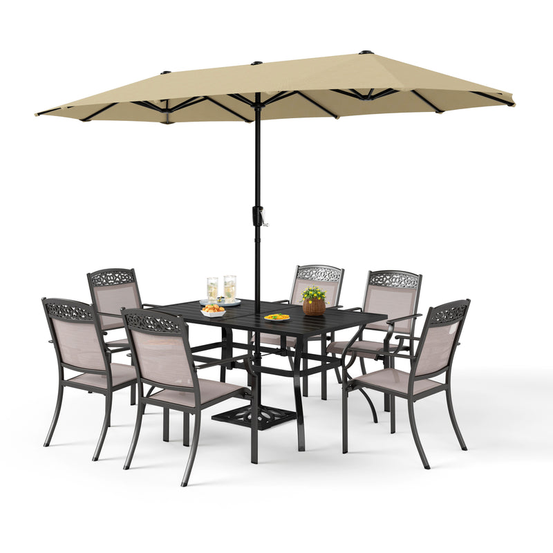 PHI VILLA 8-Piece Outdoor Dining Set with 13ft Umbrella & Rectangle Steel Table & Textilene Fixed Chairs