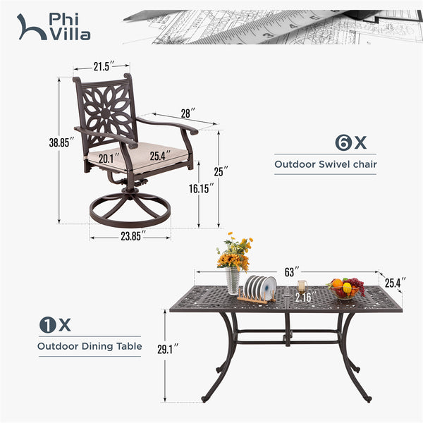 7-Pcs Patio Dining Set of Cast Aluminum Chairs and Rectangle Table-Phi Villa