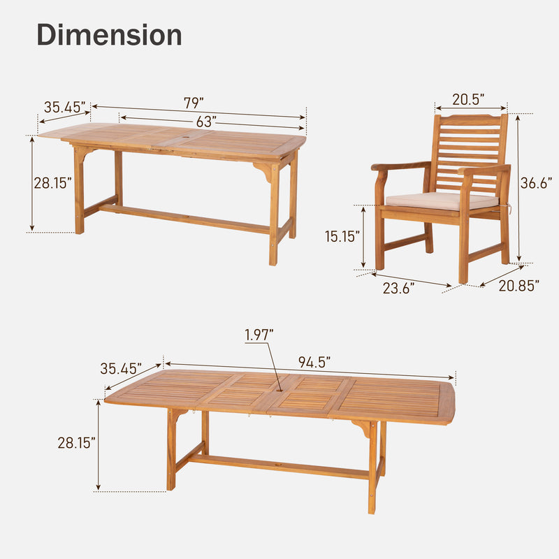 Phi Villa 7/9-Pcs Wooden Outdoor Dining Set with Expandable Table for Garden