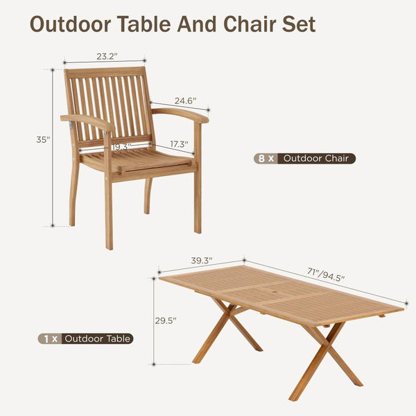 Bucolic 7/9-Piece Vacation-inspired Expandable Wooden Outdoor Dining Set for Garden Phi Villa