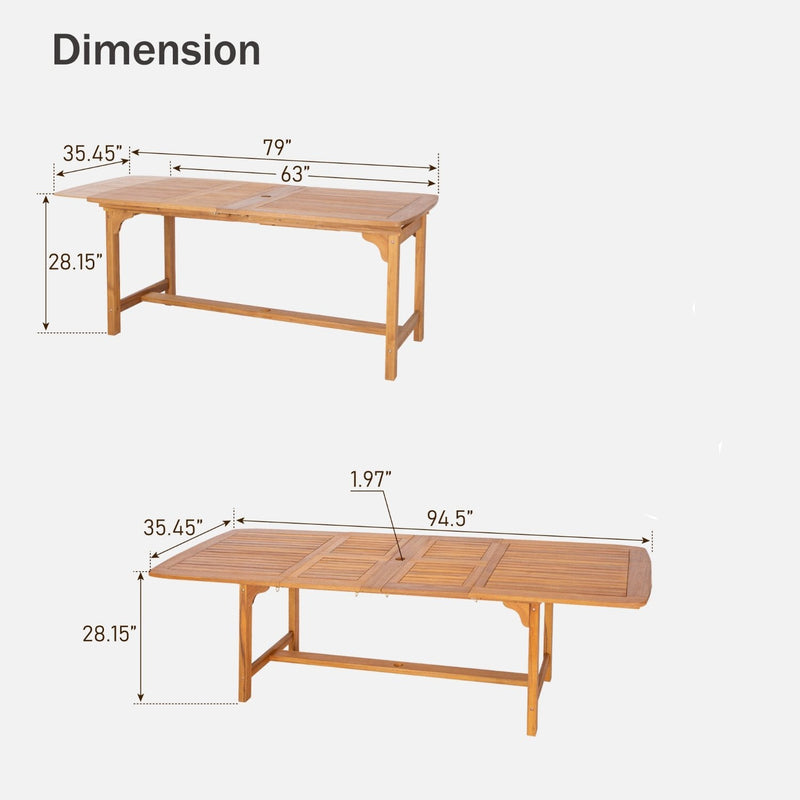 Phi Villa 7/9-Pcs Wooden Outdoor Dining Set with Expandable Table for Garden