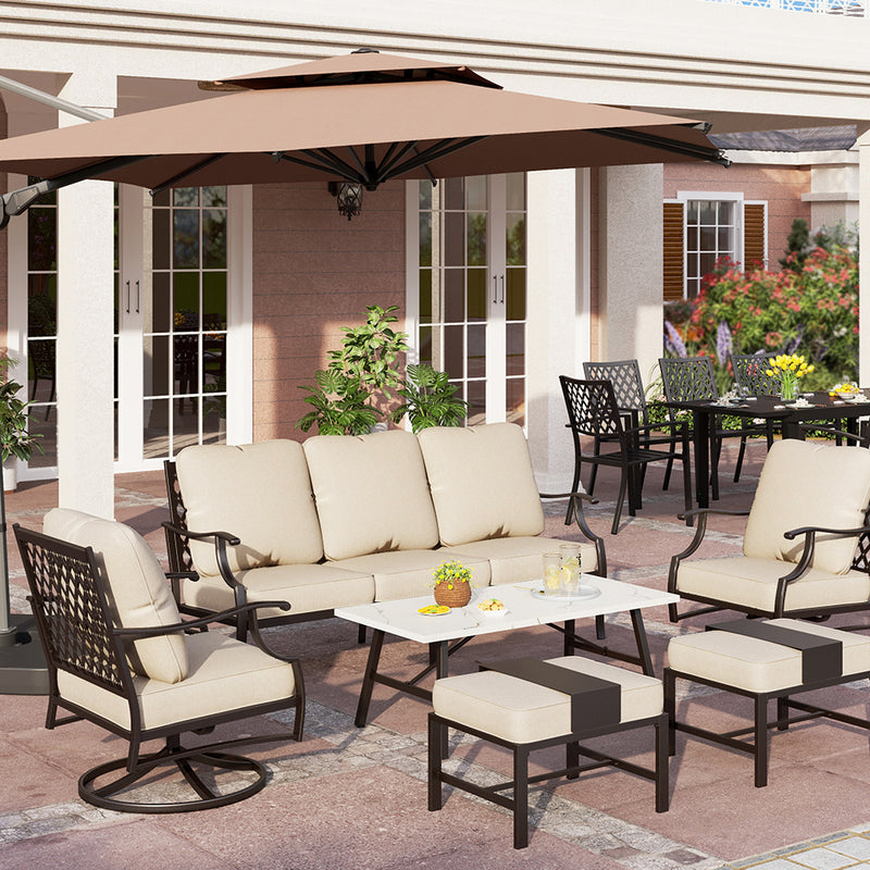 Phi Villa 15-Person Outdoor Patio Furniture Combination Set with Sofa Set, Steel Dining Set, and Square Umbrella