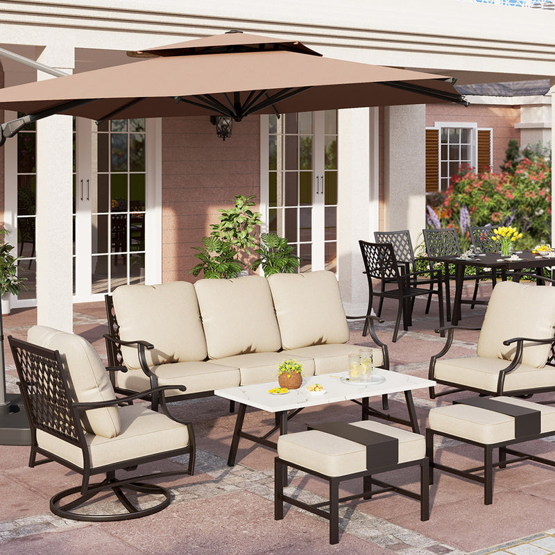 Phi Villa 15-Person Outdoor Patio Furniture Combination Set with Sofa Set, Steel Dining Set, and Umbrella