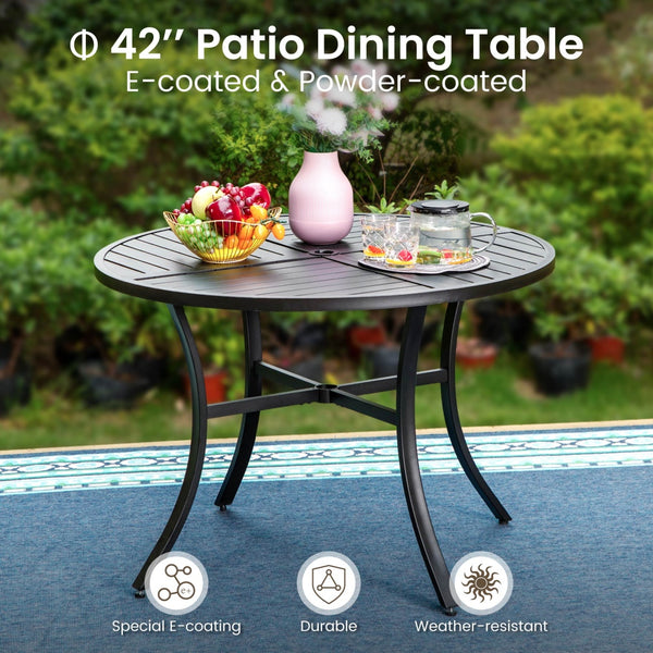 6-Seat Outdoor Dining Set with Round Table & Highback Textilene Swivel Chairs-Phi Villa