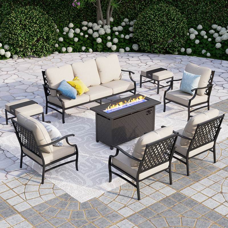 Phi Villa 9-Seat Outdoor Steel Conversation Sofa Set With Leather Grain Fire Pit Table